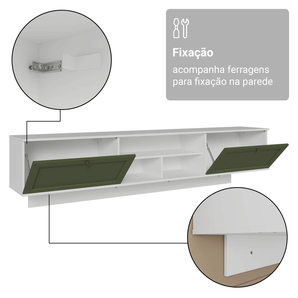 Rack Suspenso para TV até 80 Polegadas 218 cm 2 Portas Branco/Verde Vik Madesa - Image 8