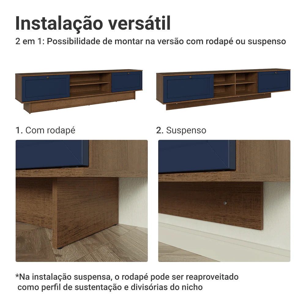 Rack Suspenso para TV até 80 Polegadas 218 cm 2 Portas Rustic/Azul Vik Madesa - Image 5