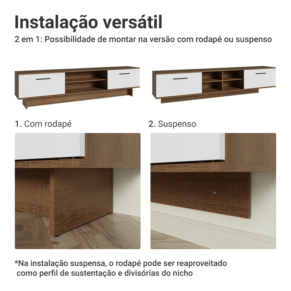 Rack Suspenso para TV até 80 Polegadas 218 cm 2 Portas Rustic/Branco Agata Madesa - Image 9