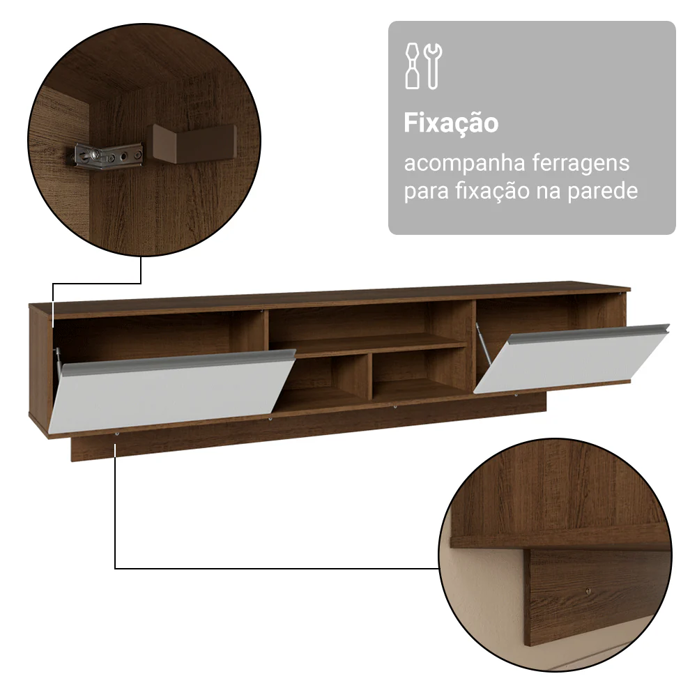 Rack Suspenso para TV até 80 Polegadas 218 cm 2 Portas Rustic/Branco Glamy Madesa - Image 10