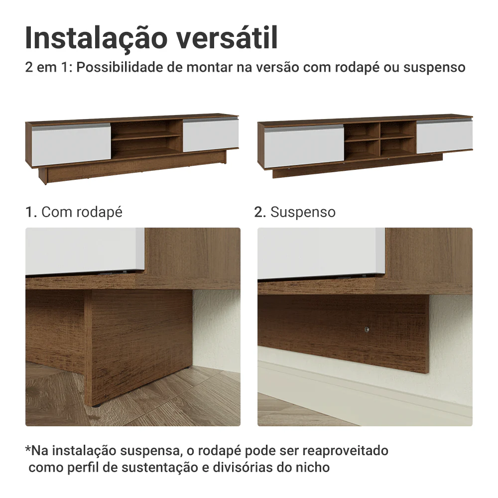 Rack Suspenso para TV até 80 Polegadas 218 cm 2 Portas Rustic/Branco Glamy Madesa - Image 9