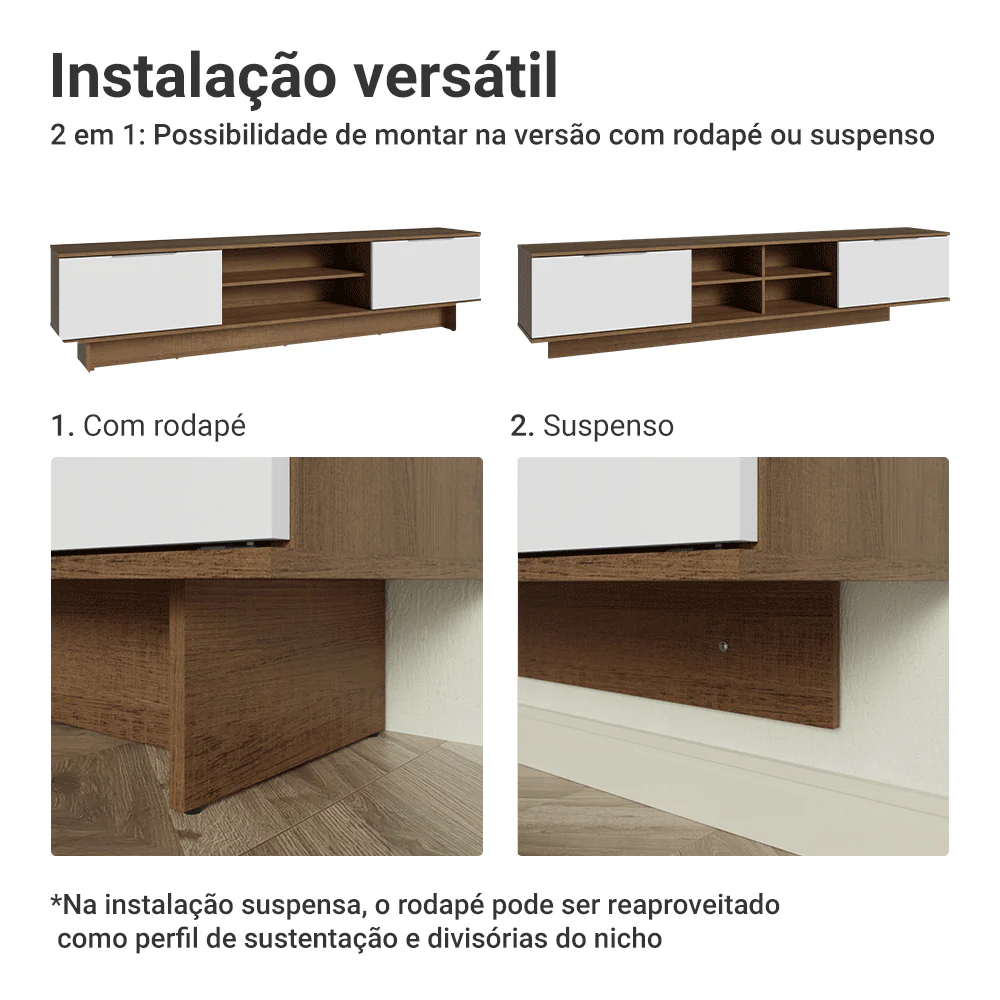 Rack Suspenso para TV até 80 Polegadas 218 cm 2 Portas Rustic/Branco Stella Madesa - Image 9