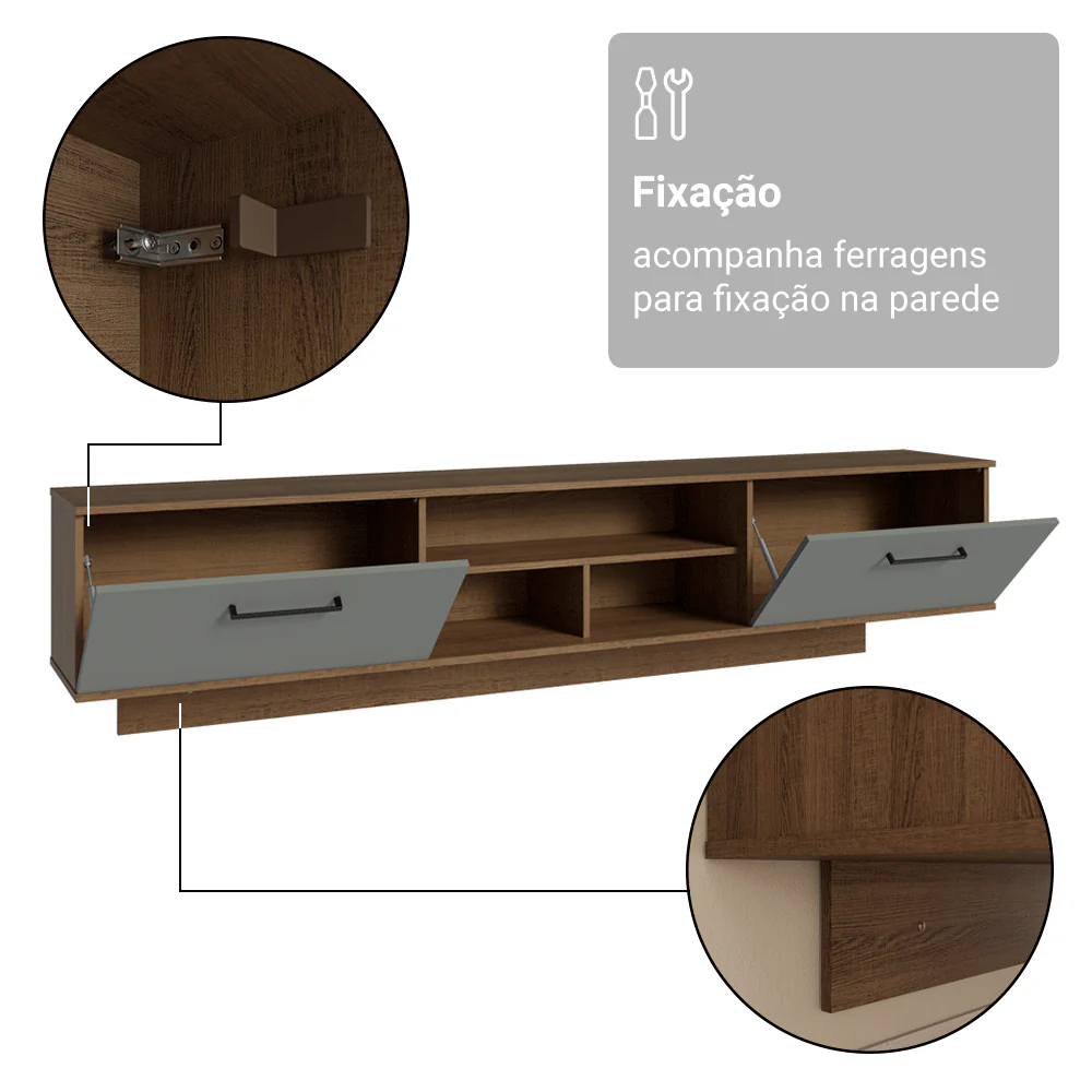 Rack Suspenso para TV até 80 Polegadas 218 cm 2 Portas Rustic/Cinza Agata Madesa - Image 10
