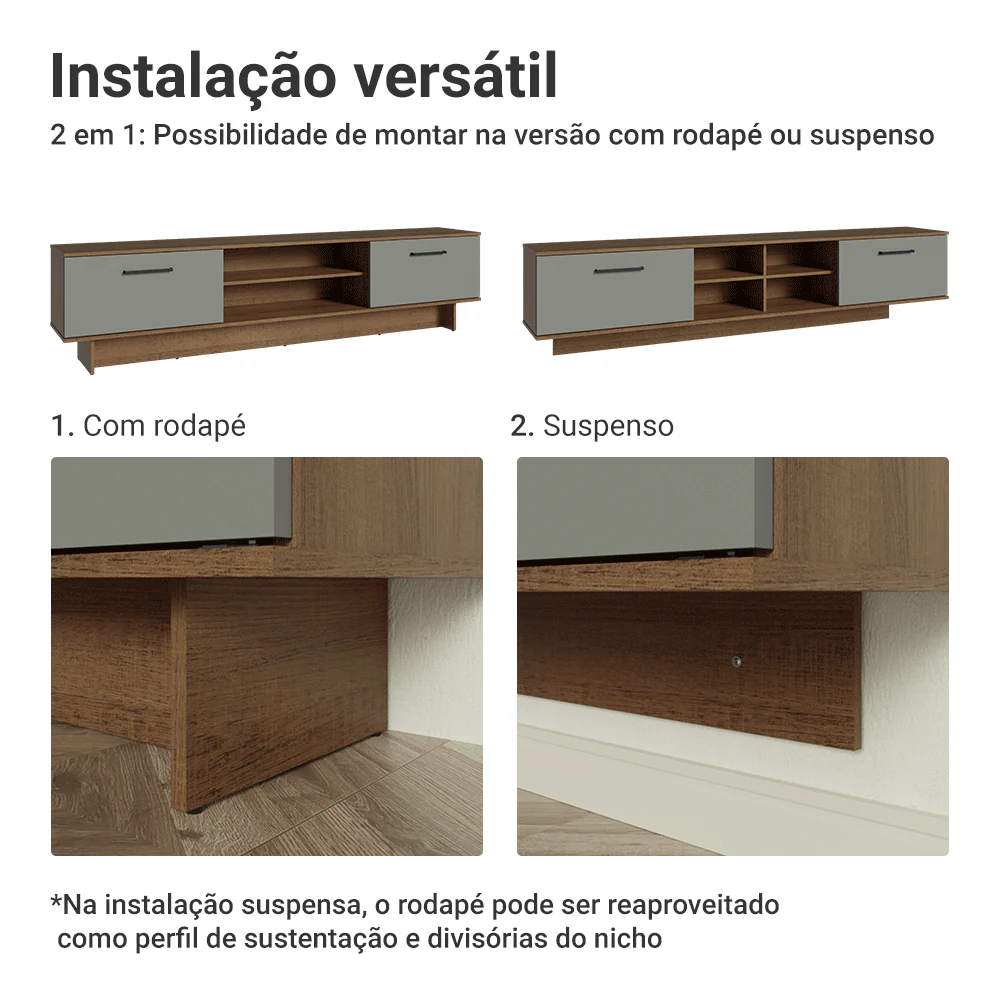Rack Suspenso para TV até 80 Polegadas 218 cm 2 Portas Rustic/Cinza Agata Madesa - Image 9