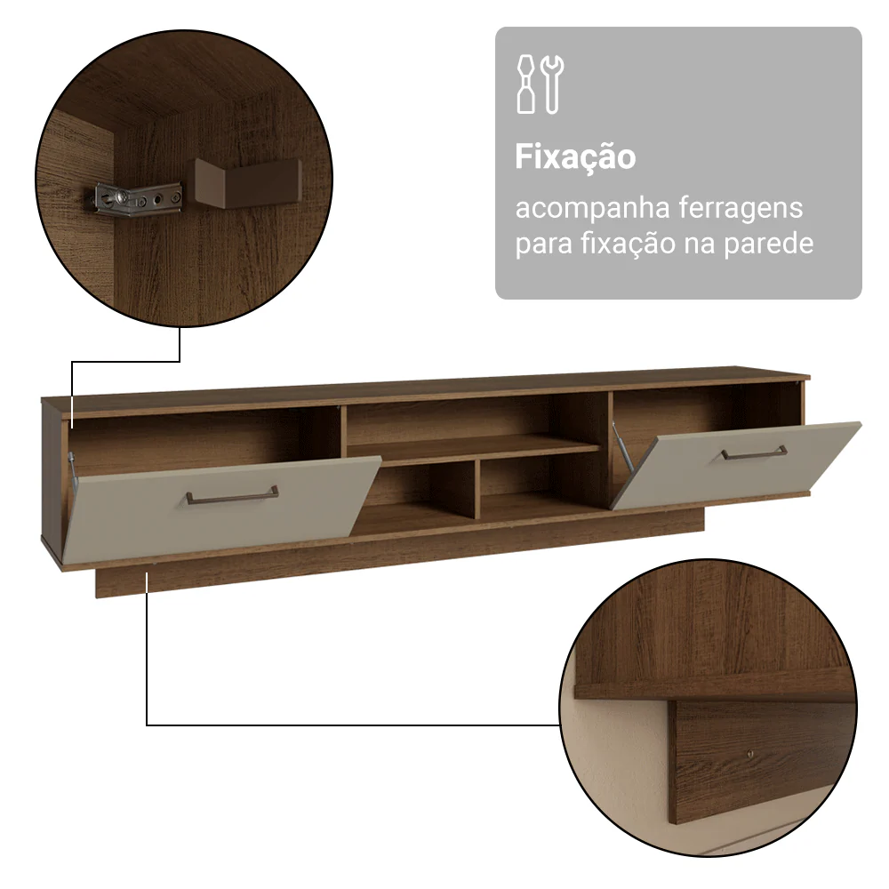 Rack Suspenso para TV até 80 Polegadas 218 cm 2 Portas Rustic/Crema Agata Madesa - Image 10