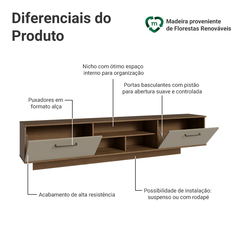 Rack Suspenso para TV até 80 Polegadas 218 cm 2 Portas Rustic/Crema Agata Madesa - Image 4
