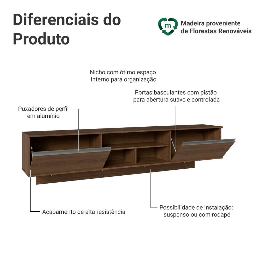Rack Suspenso para TV até 80 Polegadas 218 cm 2 Portas Rustic Glamy Madesa - Image 4