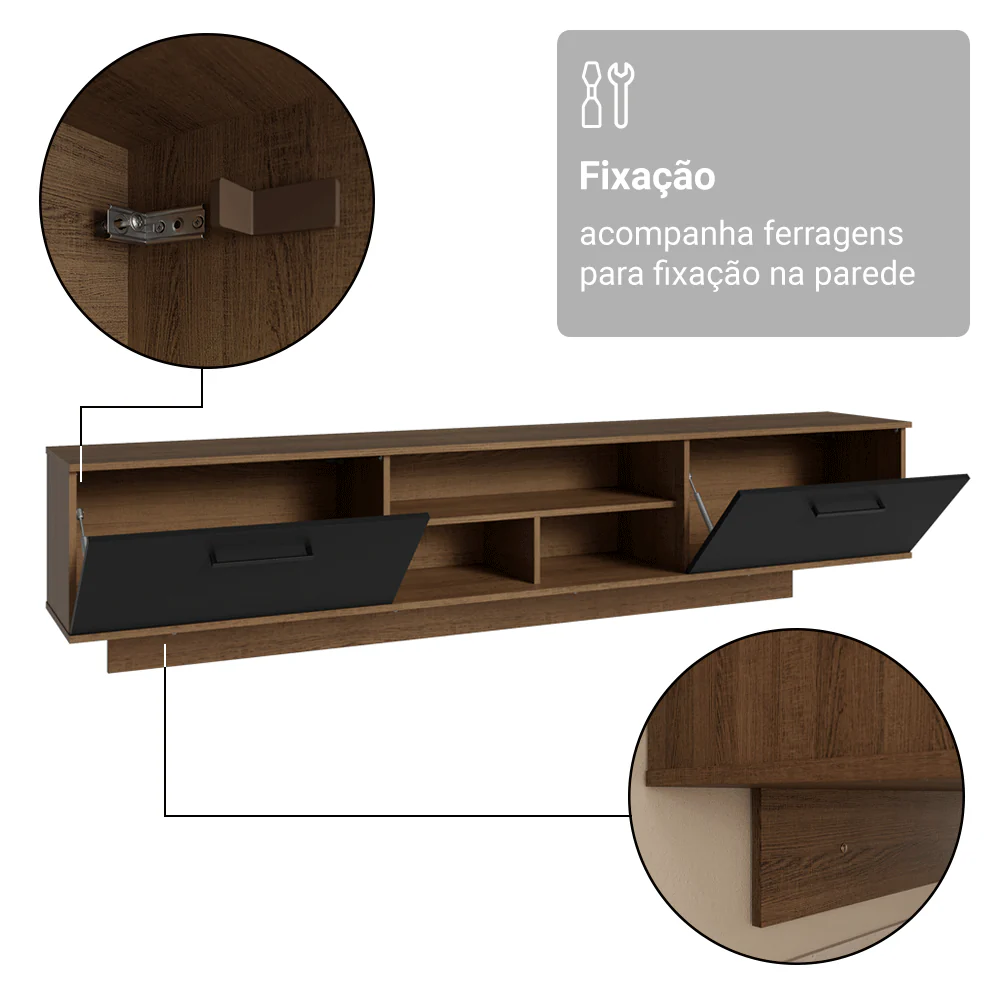 Rack Suspenso para TV até 80 Polegadas 218 cm 2 Portas Rustic/Preto Agata Madesa - Image 10