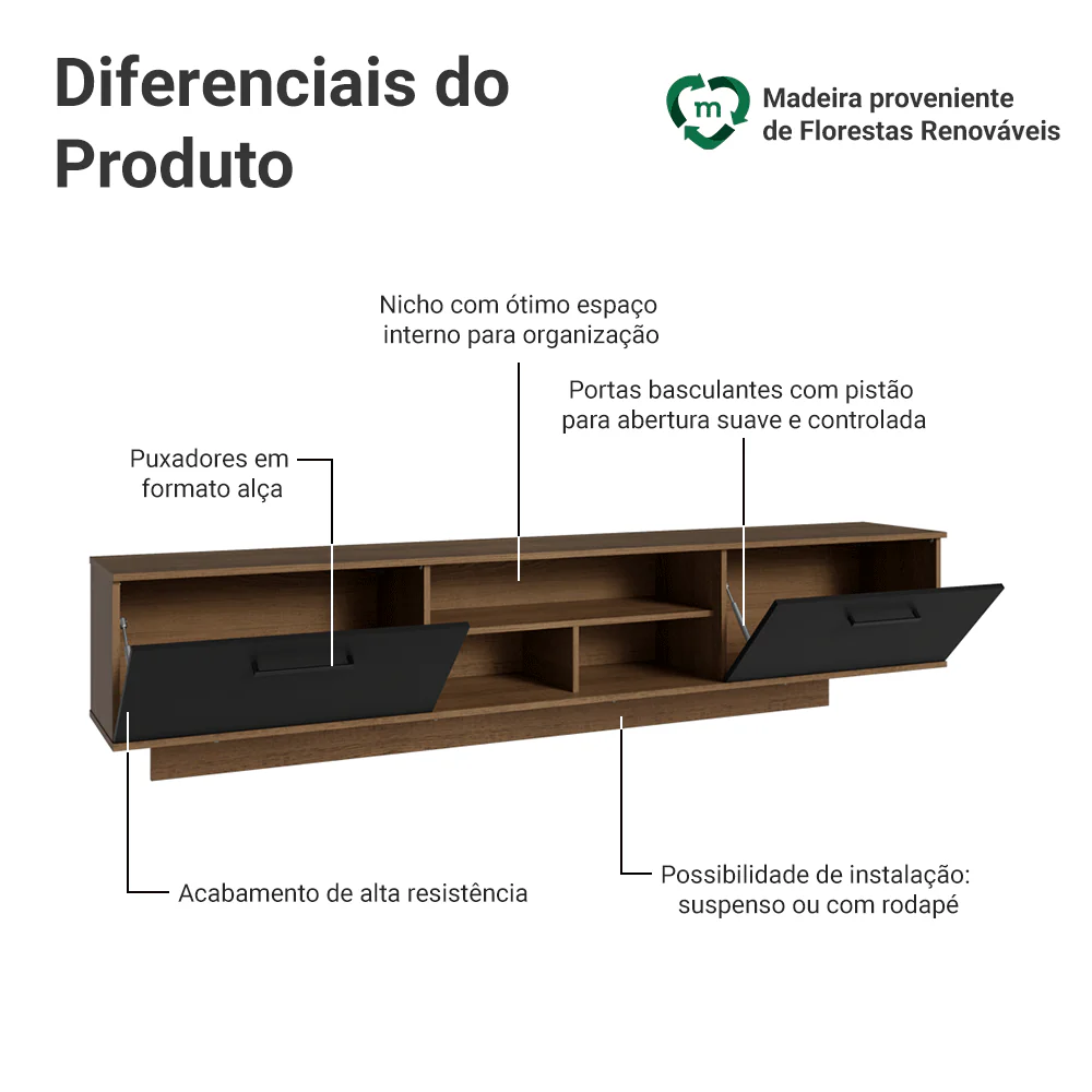 Rack Suspenso para TV até 80 Polegadas 218 cm 2 Portas Rustic/Preto Agata Madesa - Image 4