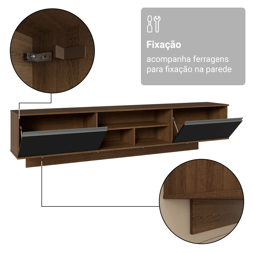 Rack Suspenso para TV até 80 Polegadas 218 cm 2 Portas Rustic/Preto Glamy Madesa - Image 10