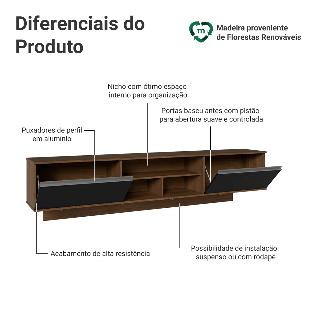 Rack Suspenso para TV até 80 Polegadas 218 cm 2 Portas Rustic/Preto Glamy Madesa - Image 4