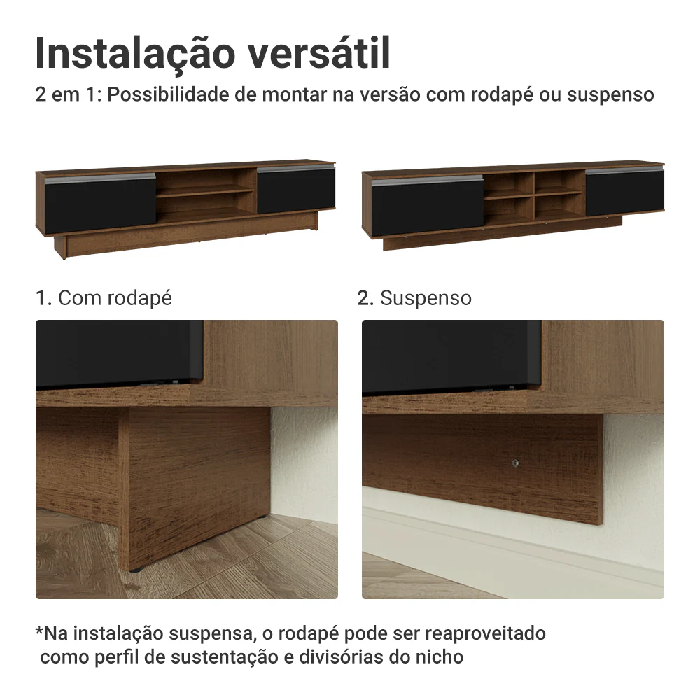 Rack Suspenso para TV até 80 Polegadas 218 cm 2 Portas Rustic/Preto Glamy Madesa - Image 9