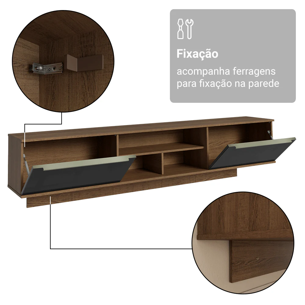 Rack Suspenso para TV até 80 Polegadas 218 cm 2 Portas Rustic/Preto Lux Madesa - Image 10