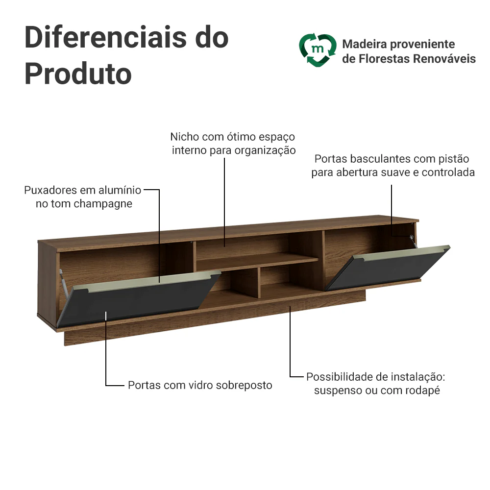 Rack Suspenso para TV até 80 Polegadas 218 cm 2 Portas Rustic/Preto Lux Madesa - Image 4
