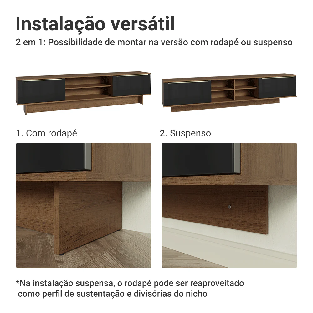 Rack Suspenso para TV até 80 Polegadas 218 cm 2 Portas Rustic/Preto Lux Madesa - Image 9