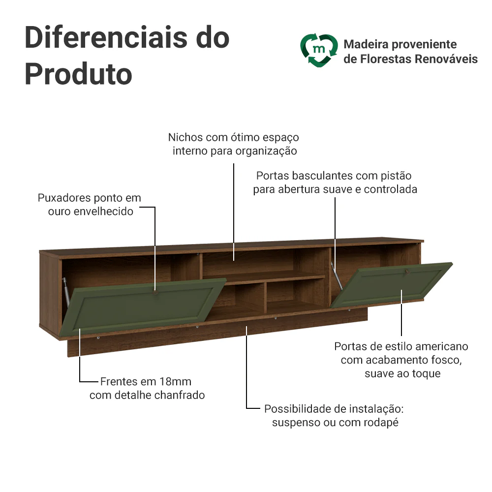 Rack Suspenso para TV até 80 Polegadas 218 cm 2 Portas Rustic/Verde Vik Madesa - Image 4