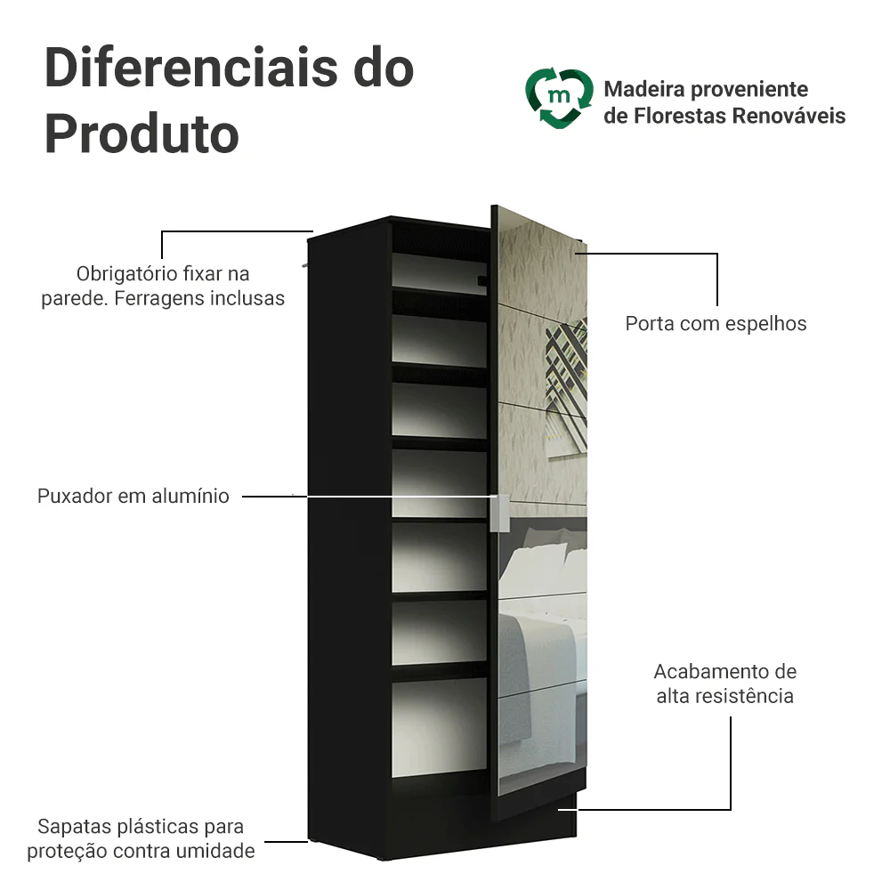 Sapateira Armário Multiuso Madesa Isis 1 Porta com Espelhos Preto - Image 4