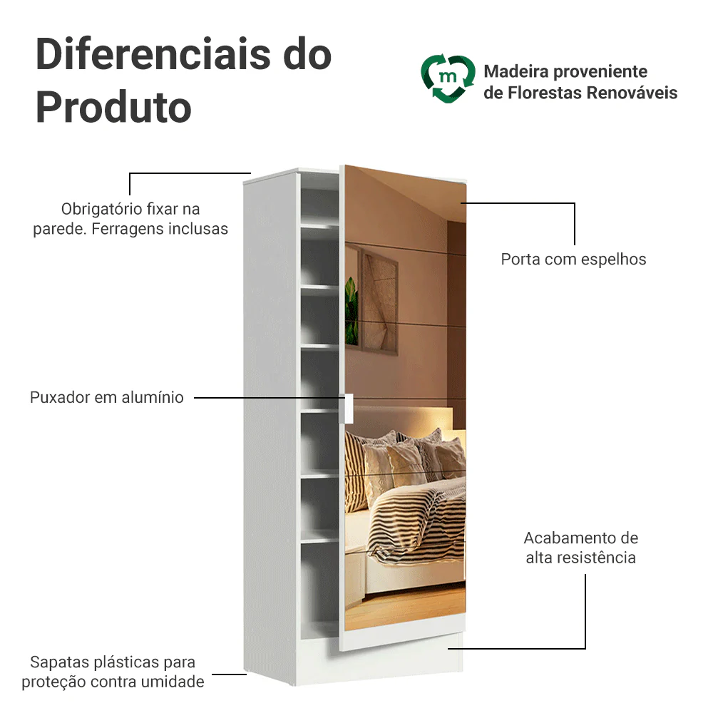 Sapateira 1 Porta com Espelho Branco Madesa Isis - Image 4