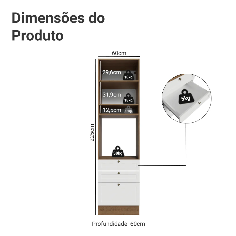 Torre Quente 60 x 60 cm 1 Porta 3 Gavetas Rustic/Branco Vik Madesa - Image 2
