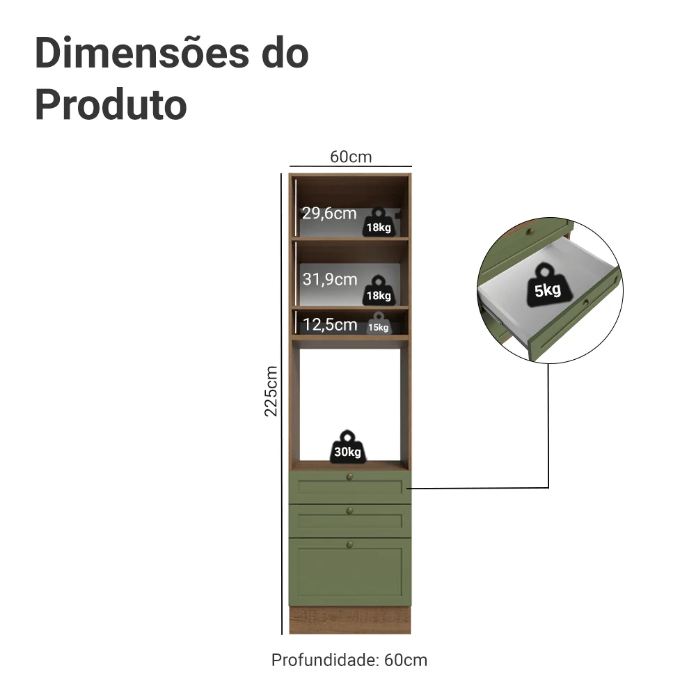 Torre Quente 60 x 60 cm 1 Porta 3 Gavetas Rustic/Verde Vik Madesa - Image 2