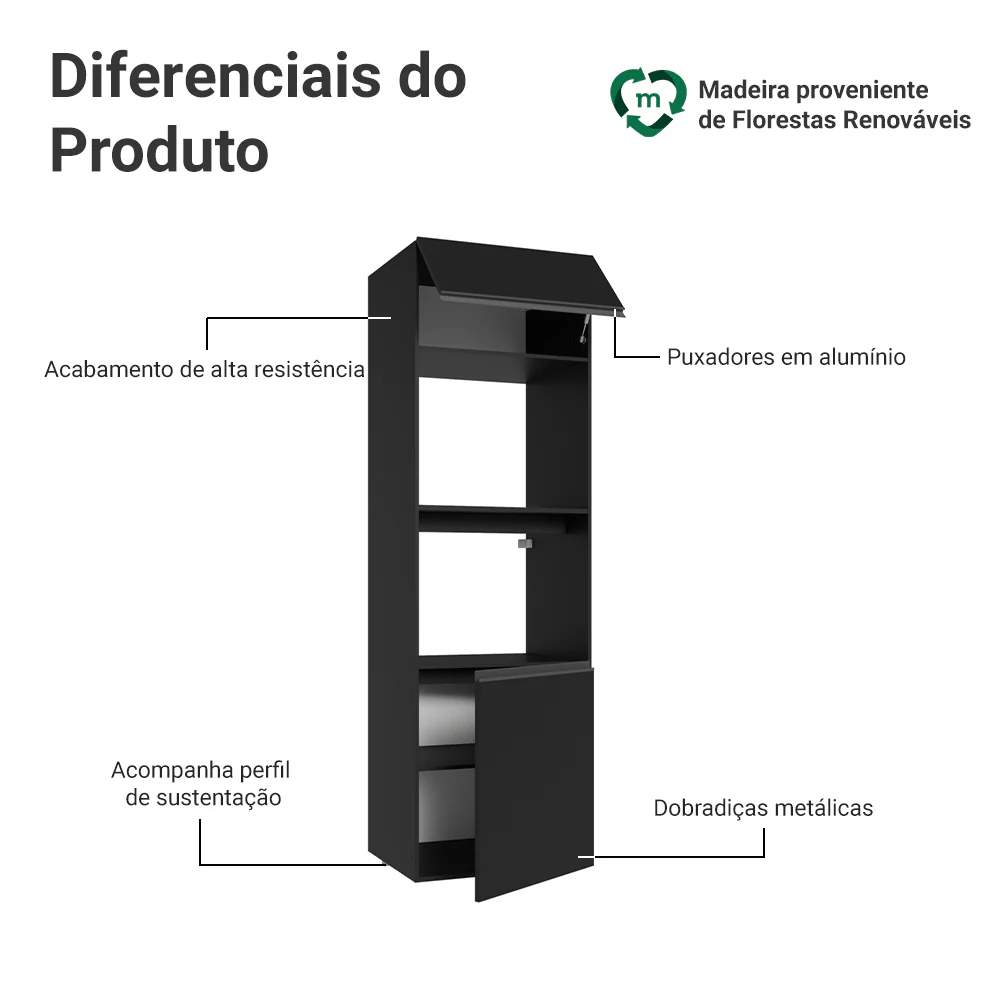 Torre Quente 60 cm 2 Portas 2 Nichos Suspenso Preto Nice Madesa - Image 3