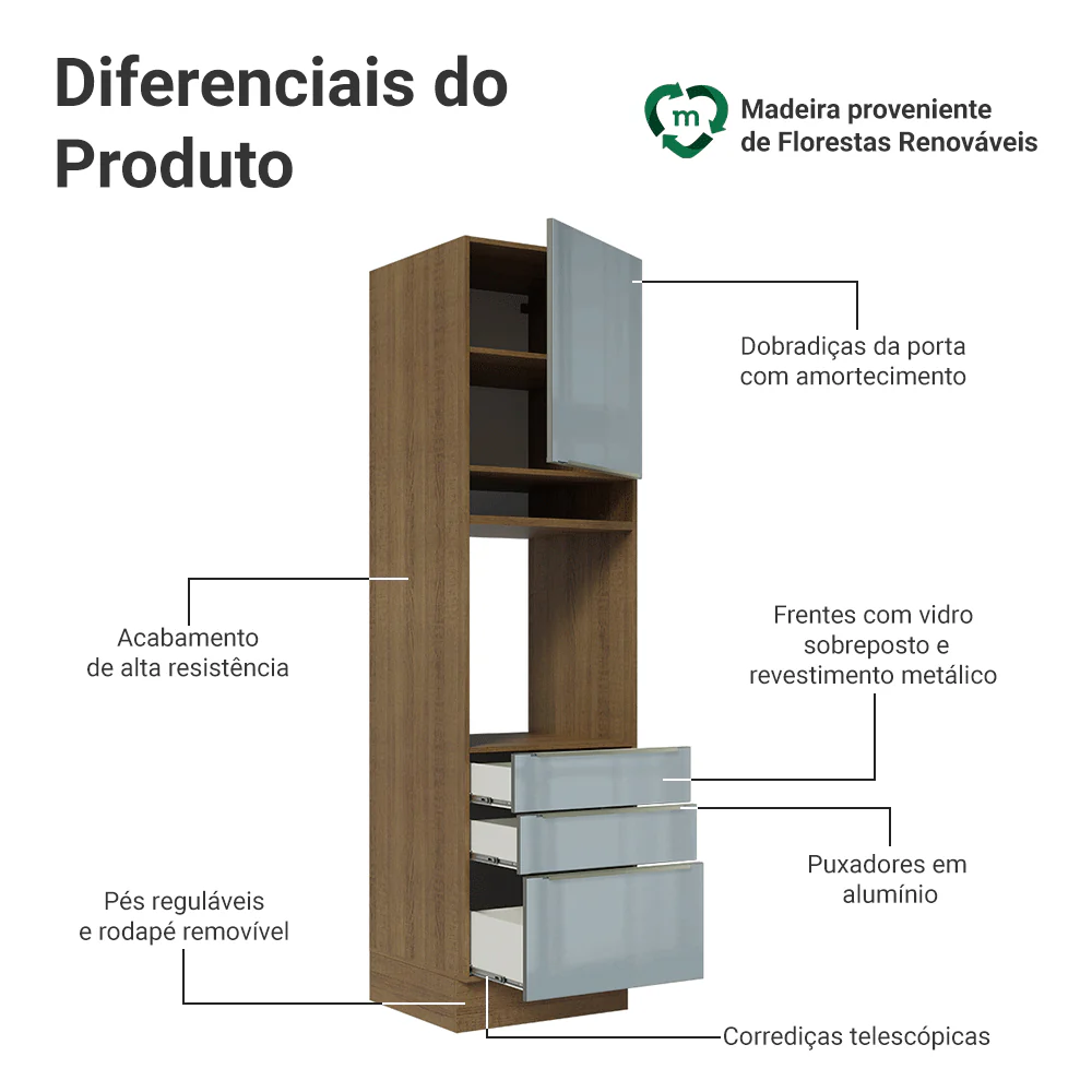 Torre Quente 60 cm 1 Porta e 3 Gavetas Rustic/Cinza Lux Madesa - Image 3