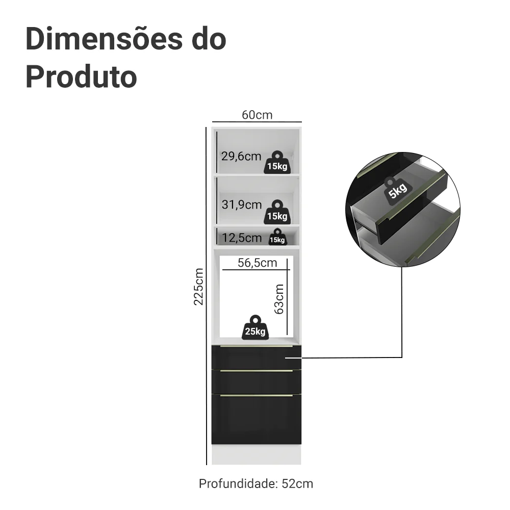 Torre Quente 60 cm 1 Porta e 3 Gavetas Branco/Preto Lux Madesa - Image 2