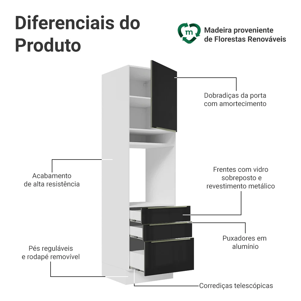 Torre Quente 60 cm 1 Porta e 3 Gavetas Branco/Preto Lux Madesa - Image 3