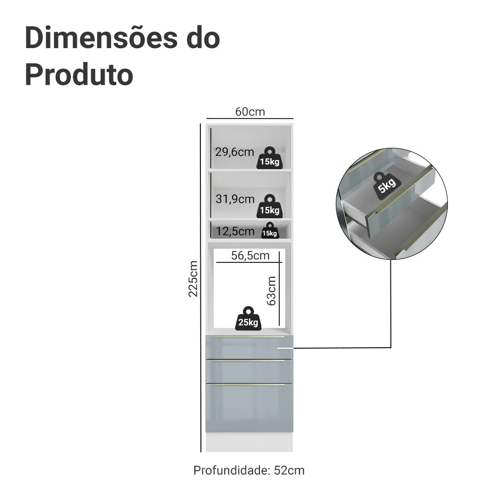 Torre Quente 60 cm 1 Porta e 3 Gavetas Branco/Cinza Lux Madesa - Image 2