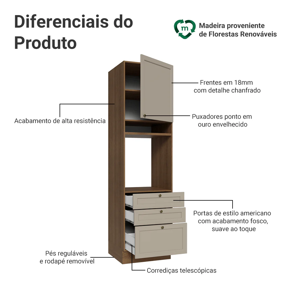 Torre Quente 60 x 60 cm 1 Porta 3 Gavetas Rustic/Crema Vik Madesa - Image 3
