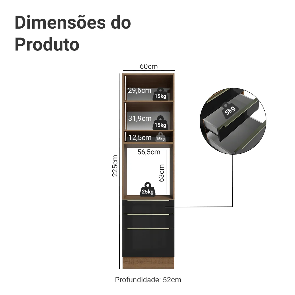 Torre Quente 60 cm 1 Porta e 3 Gavetas Rustic/Preto Lux Madesa - Image 2