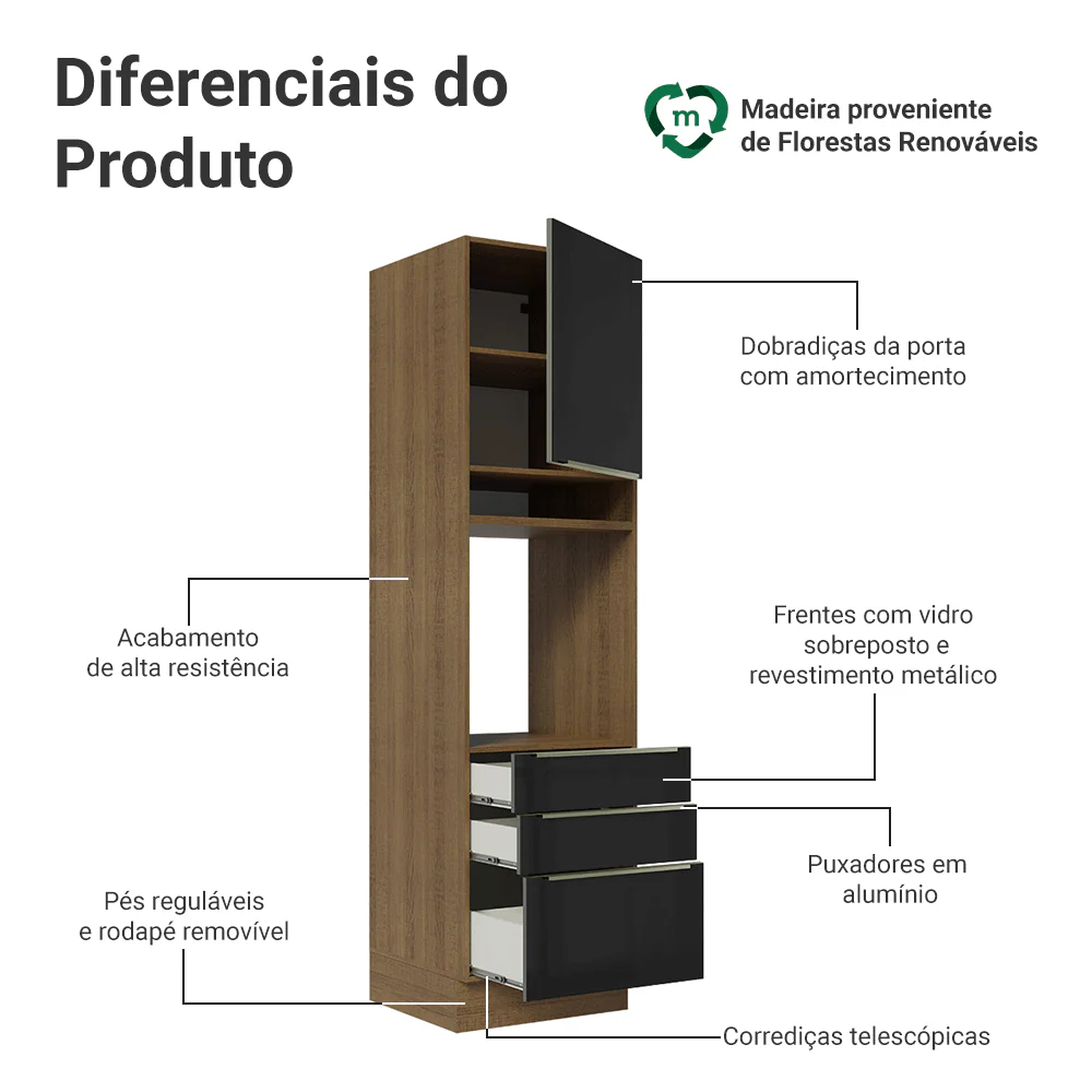 Torre Quente 60 cm 1 Porta e 3 Gavetas Rustic/Preto Lux Madesa - Image 3