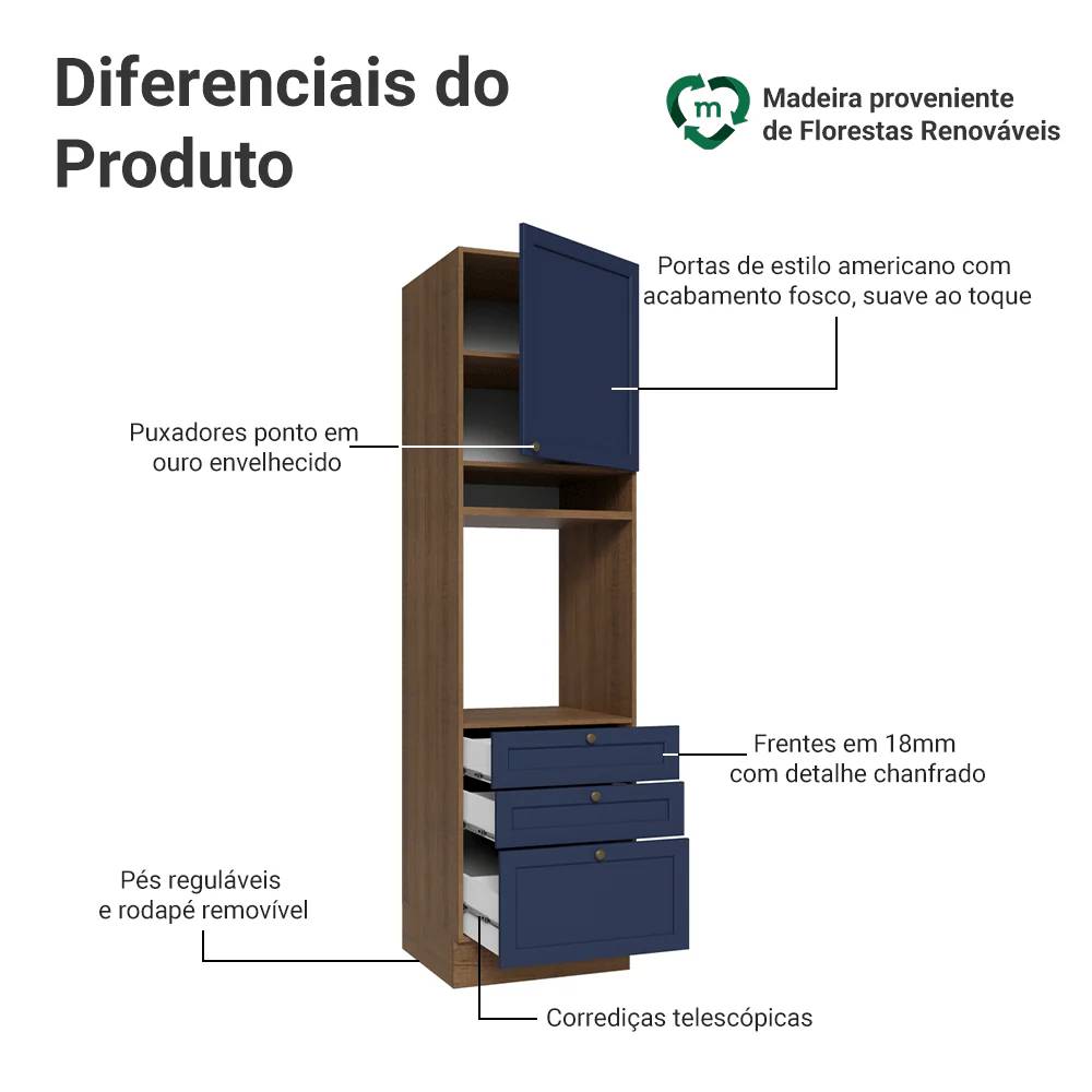 Torre Quente 60 cm 1 Porta 3 Gavetas Rustic/Azul Vik Madesa - Image 3