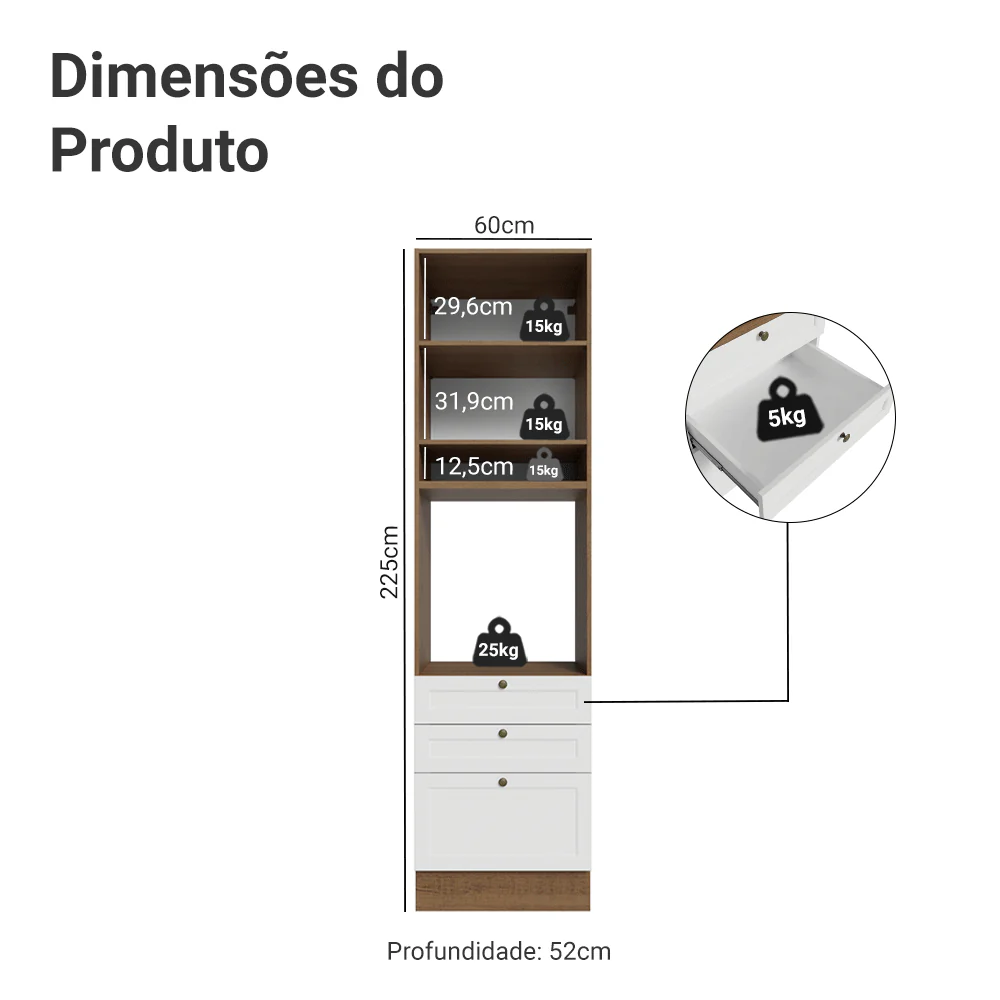Torre Quente 60 cm 1 Porta 3 Gavetas Rustic/Branco Vik Madesa - Image 2
