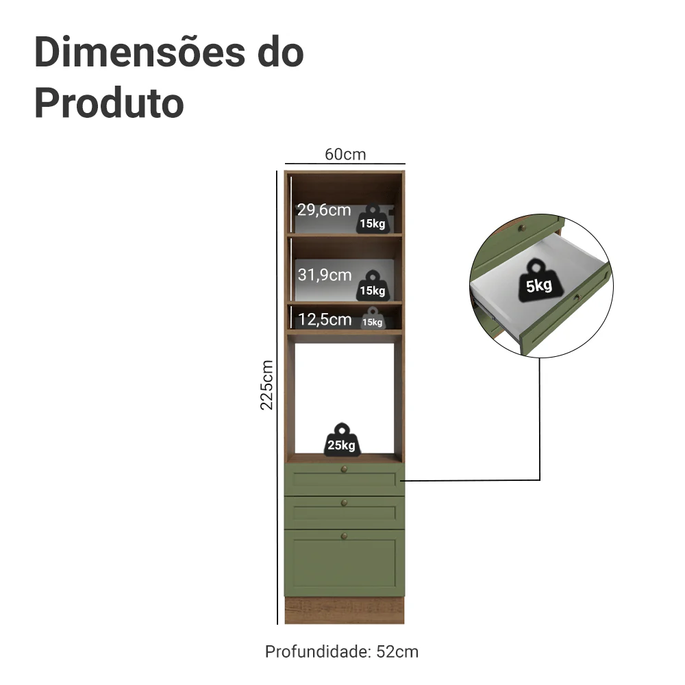 Torre Quente 60 cm 1 Porta 3 Gavetas Rustic/Verde Vik Madesa - Image 2