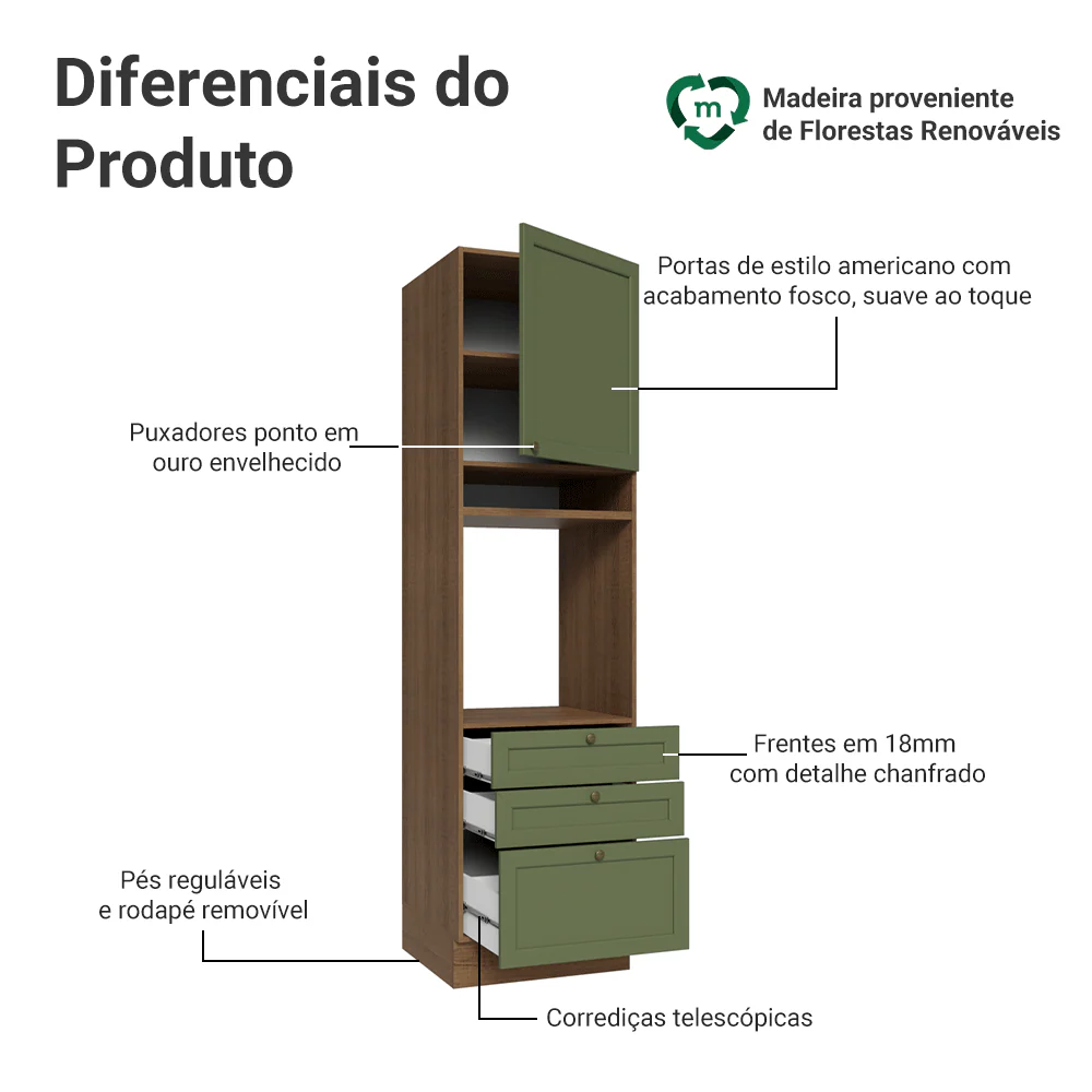 Torre Quente 60 cm 1 Porta 3 Gavetas Rustic/Verde Vik Madesa - Image 3