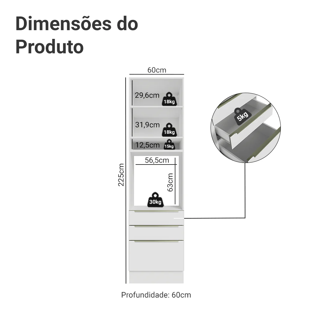Torre Quente 60 x 60 cm 1 Porta 3 Gavetas Branco/Branco Veludo Lux Madesa - Image 2