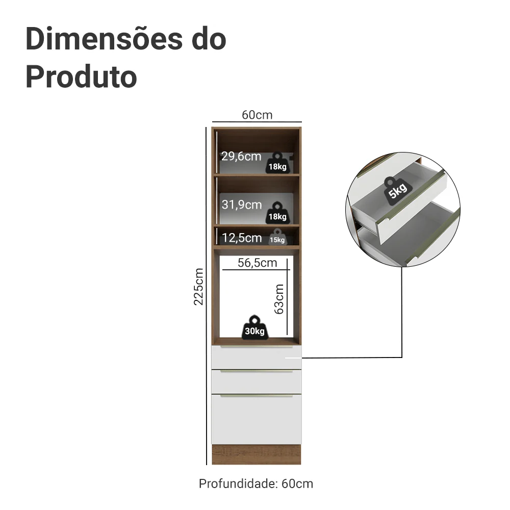 Torre Quente 60 x 60 cm 1 Porta 3 Gavetas Rustic/Branco Veludo Lux Madesa - Image 2
