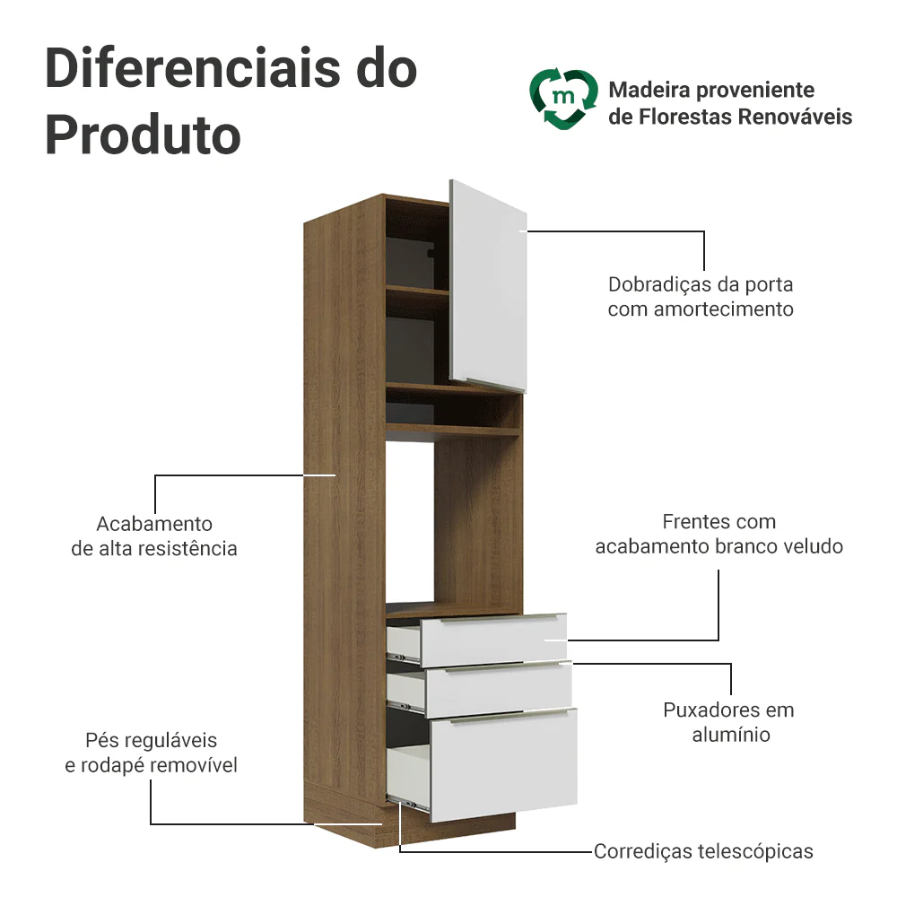 Torre Quente 60 x 60 cm 1 Porta 3 Gavetas Rustic/Branco Veludo Lux Madesa - Image 3