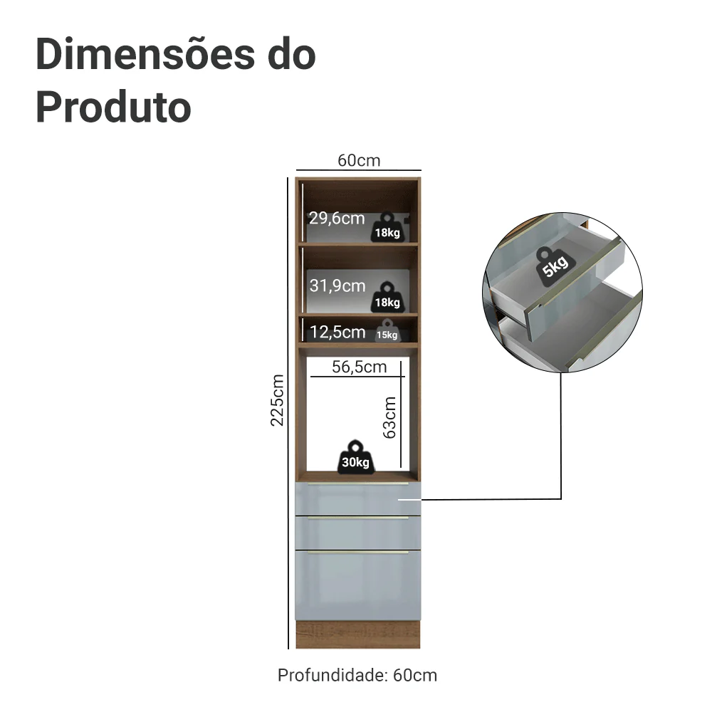 Torre Quente 60 x 60 cm 1 Porta 3 Gavetas Rustic/Cinza Lux Madesa - Image 2