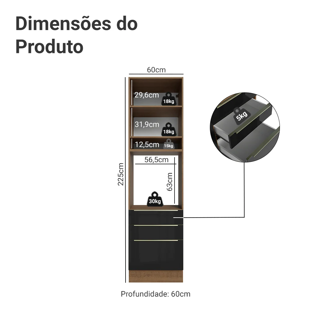 Torre Quente 60 x 60 cm 1 Porta 3 Gavetas Rustic/Preto Lux Madesa - Image 2